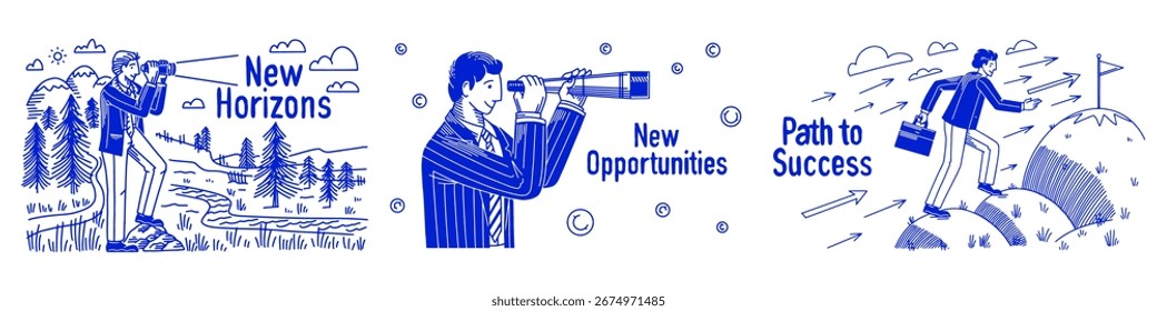 Business and teamwork concepts. Start Up and look for opportunities. Banner in hand drawn outline style for your company, management, strategy, negotiations, new horizons, success 