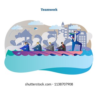 Business teamwork conceptual vector illustration with rowing team unity and leader moving to success while avoiding obstacles and challenges. Drive, determination and power of collaboration.