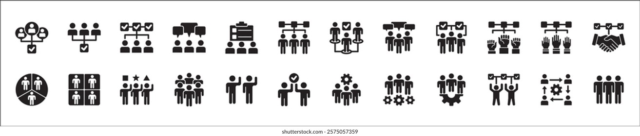 Business teamwork and connection vector icon set. Business network icons. Contains symbol icons of connection, collaboration, management, team, group, relationship, leadership, deliberation, forum.