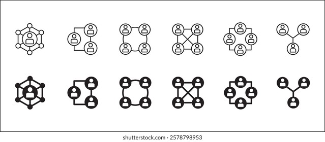 Business teamwork and connection vector icon set. Business network icons. Contains symbol icons of connection, collaboration, management, team, group, relationship, leadership, deliberation, forum.