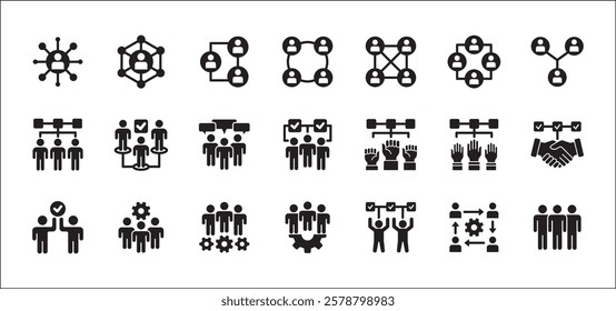 Business teamwork and connection vector icon set. Business network icons. Contains symbol icons of connection, collaboration, management, team, group, relationship, leadership, deliberation, forum.