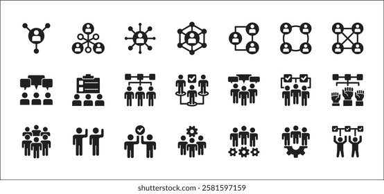 Business teamwork and connection vector icon set. Business network icons. Contains symbol icons of connection, collaboration, management, team, group, relationship, leadership, deliberation, forum.