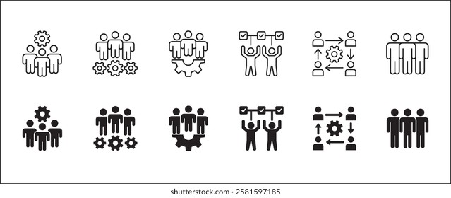 Business teamwork and connection vector icon set. Business network icons. Contains symbol icons of connection, collaboration, management, team, group, relationship, leadership, deliberation, forum.
