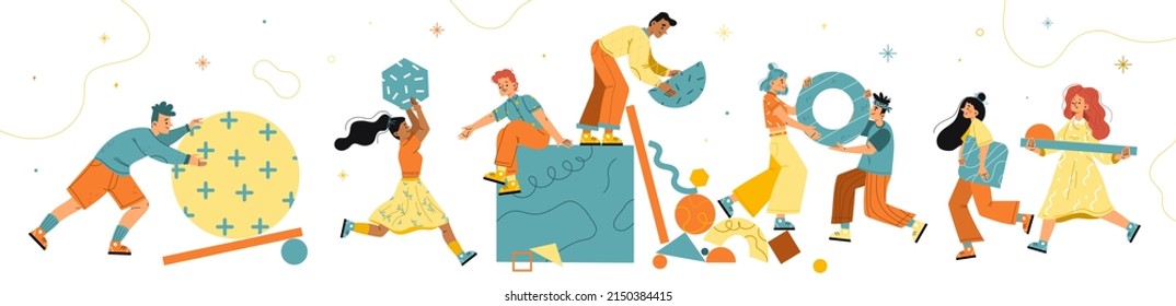 Business teamwork and cooperation concept. People team hold abstract geometric shapes and work together. Vector flat illustration of collaboration and partnership