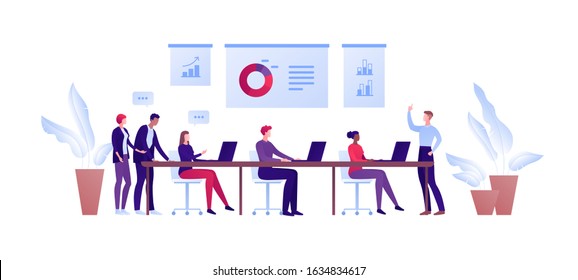 Business teamwork and coworking office concept. Vector flat person illustration. Man in suit make presentationto worker group sitting with laptop. Design element for banner, poster, background