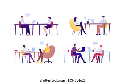 Business teamwork and coworking office concept. Vector flat person illustration. Set of different ethnic employee couple sitting and talking with laptops. Design element for banner, poster, background