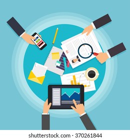 Business teamwork. Creative team desktop top view with tablets, stationery and people working together. Business meeting and brainstorming. Flat design.