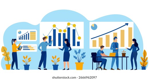 Business Teamwork and Data Analysis Illustration – Flat Design Office People with Charts and Graphs
