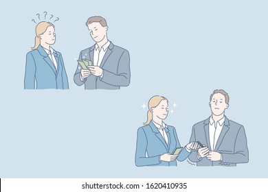 Business, teamwork, deal, money set concept. Young business people made deal between companies. Serious man and happy woman did teamwork on their business project and share money. Simple flat vector