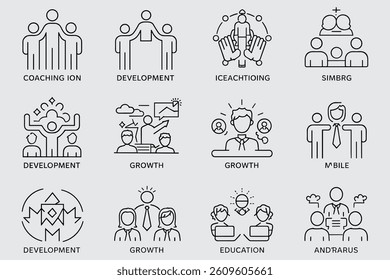 Business Teamwork And Development Line Art Icons Set On Light Background