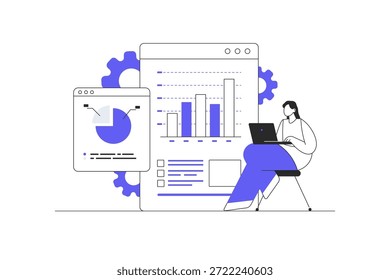 Geschäftliche Teamarbeit. Diskutieren eines Projekts mit Analytics-Dashboards. Flache Cartoon-Vektorgrafik, Symbol Stilvolles abstraktes Design Zielseite Web