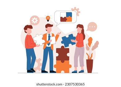 Discusión de trabajo en equipo de negocios encuentra solución. Ilustración vectorial de presentación empresarial