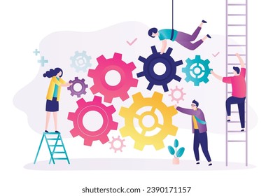 Business teamwork. Employees holds and connect various gears. Development of new project, collaboration. Skill of cooperation with work colleagues. Company process development, workforce. Flat vector