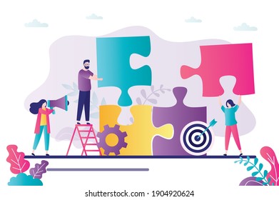 Business teamwork. Employees holds puzzle parts. Successful negotiations. Development of new project, collaboration. Funny tiny people. Team building, brainstorming concept. Flat vector illustration