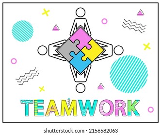 Business teamwork. Employees holds puzzle parts top view icon. Successful negotiations. Development of new project, collaboration. Team building, brainstorming concept. Businessmen working together