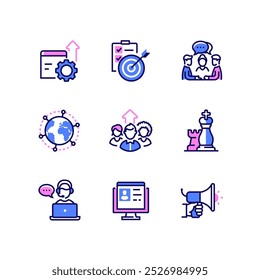 Business, teamwork and finance - line design style icons set. High quality collection with SEO, goals, meeting, international business, team, strategy. Technical support and marketing