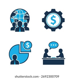 Conjunto de iconos de Vector de trabajo en equipo, finanzas y estrategia