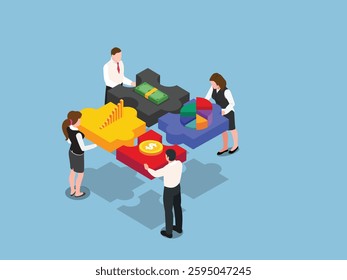 Business Teamwork and Financial Strategy – Connecting Puzzle Pieces for Success 3d flat vector illustrations