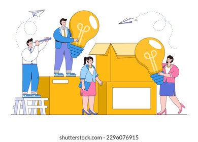 Trabajo en equipo de negocios, búsqueda de nuevas soluciones, concepto de lluvia de ideas. Empaquetar ideas en forma de bombillas. Diseño de contorno ilustración vectorial mínima para la página de inicio, infografías, imágenes de héroe.