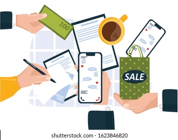 Business teamwork. Flat banner of business strategy. Creative team desktop top view with tablets, stationery and people working together.