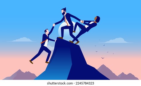 Business teamwork - Group of businesspeople giving a helping hand and working as a team to achieve success and reach goal. Flat design vector illustration