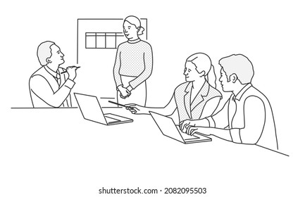 Business Teamwork. Group Of Office Workers Sitting At Desks And Communicating Or Talking To Each Other. Hand Drawn Vector Illustration. Black And White.