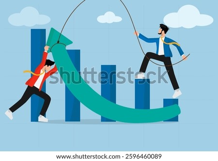 Business Teamwork and Growth Chart Strategy. Two Businessmen Collaborate to Stabilize Financial Market Trends and Overcome Business Challenges for Economic Success.
