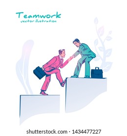 Business teamwork. Business helping concept. Vector illustration sketch design. Businessman helps partner to rise to top red bar graph. Teamwork collaboration. People work together to achieve goal.