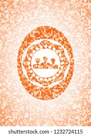 business teamwork icon inside abstract orange mosaic emblem