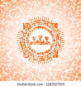 business teamwork icon inside abstract orange mosaic emblem with background