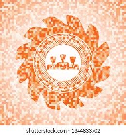business teamwork icon inside abstract emblem, orange mosaic background