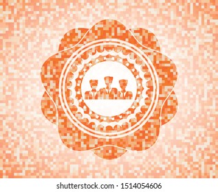business teamwork icon inside abstract emblem, orange mosaic background