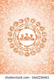 business teamwork icon inside abstract orange mosaic emblem
