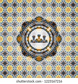 business teamwork icon inside arabic badge. Arabesque decoration.