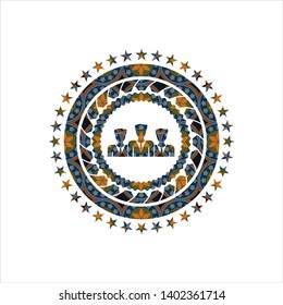 business teamwork icon inside arabic badge background. Arabesque decoration.