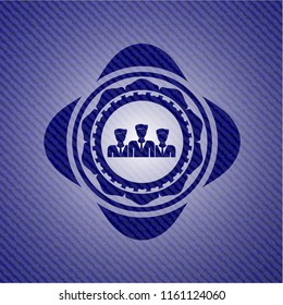 business teamwork icon inside badge with denim background