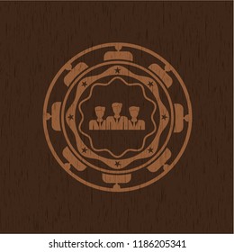 business teamwork icon inside badge with wood background