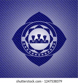 business teamwork icon inside badge with jean texture