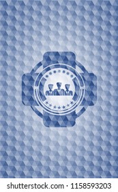 business teamwork icon inside blue emblem or badge with geometric pattern background.