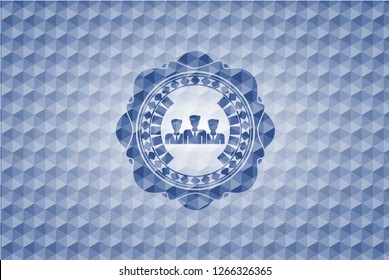 business teamwork icon inside blue hexagon emblem.