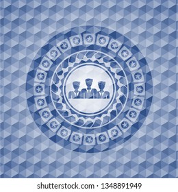 business teamwork icon inside blue hexagon badge.