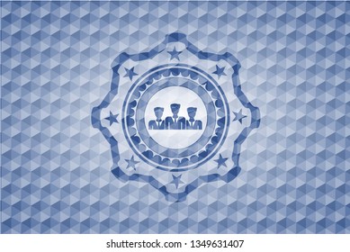 business teamwork icon inside blue emblem or badge with abstract geometric polygonal pattern background.