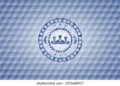 business teamwork icon inside blue badge with geometric pattern.