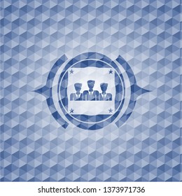 business teamwork icon inside blue polygonal badge.