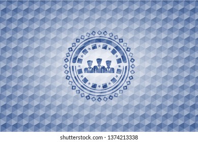 business teamwork icon inside blue badge with geometric pattern.