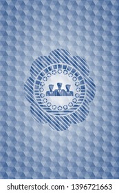 business teamwork icon inside blue badge with geometric pattern background.