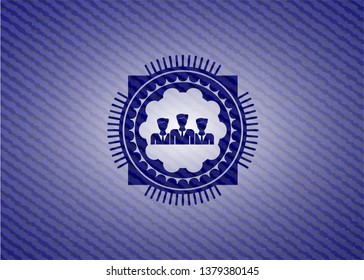 business teamwork icon inside emblem with denim high quality background