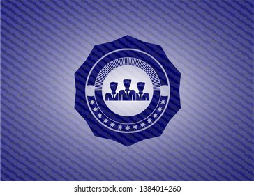 business teamwork icon inside emblem with denim high quality background