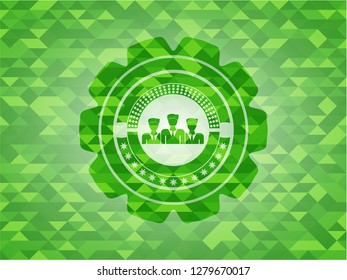 business teamwork icon inside green emblem. Mosaic background