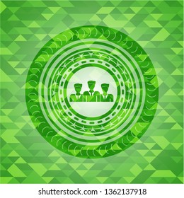 business teamwork icon inside green emblem. Mosaic background